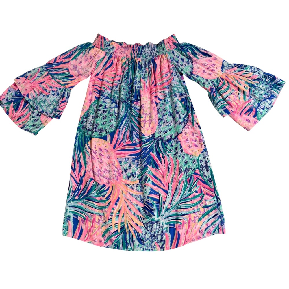Lilly Pulitzer Hollee Off Shoulder Mini Dress XS Pink Pineapple Tropical Resort - Picture 2 of 6